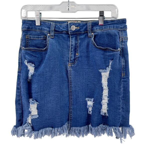 Denim Blvd Blue Medium Wash Mini Jean Skirt Womens L Distressed Raw Hem Stretch - Picture 1 of 4